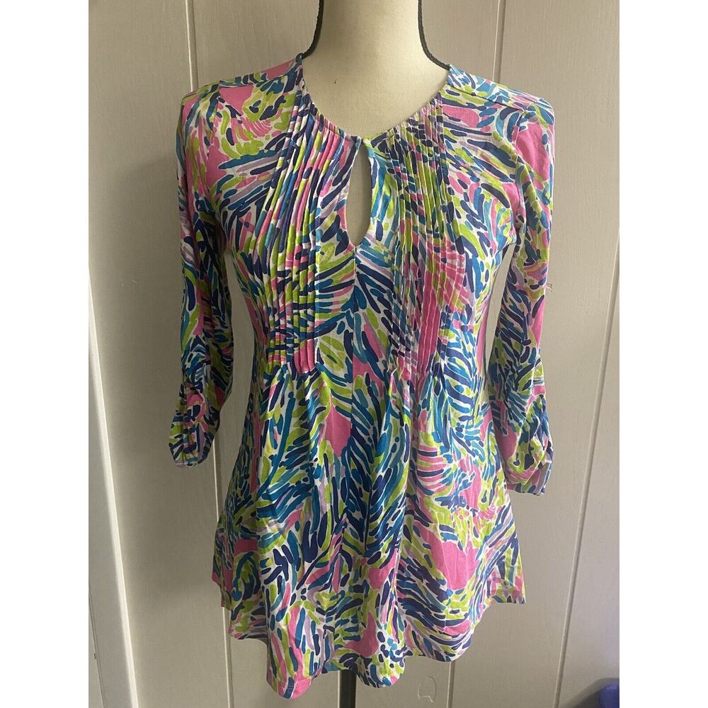 Lilly Pulitzer Top Women's Extra Small Pink Blue Green Braylen Roll Tab Sleeves